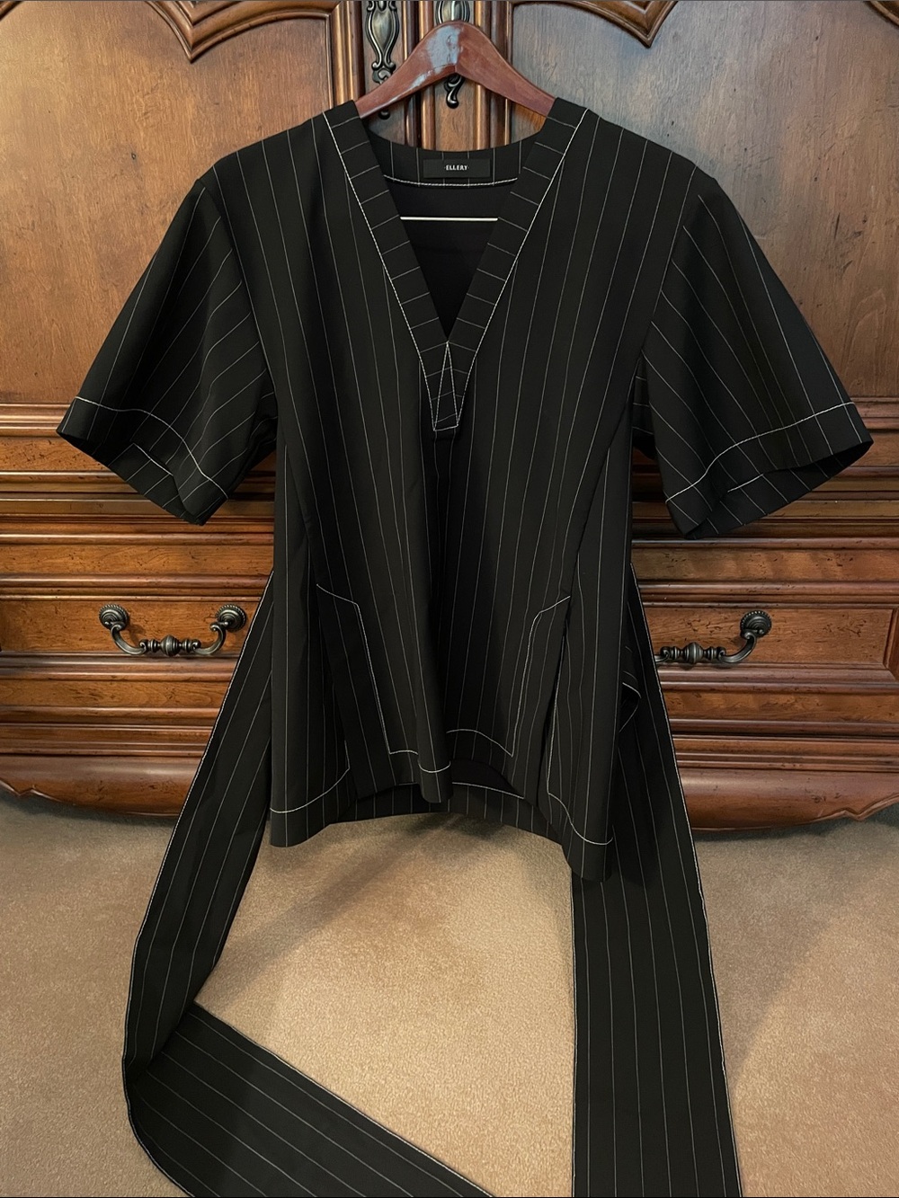 Ellery Black Pinstripe V-Neck Tunic with Removable Waist Sash